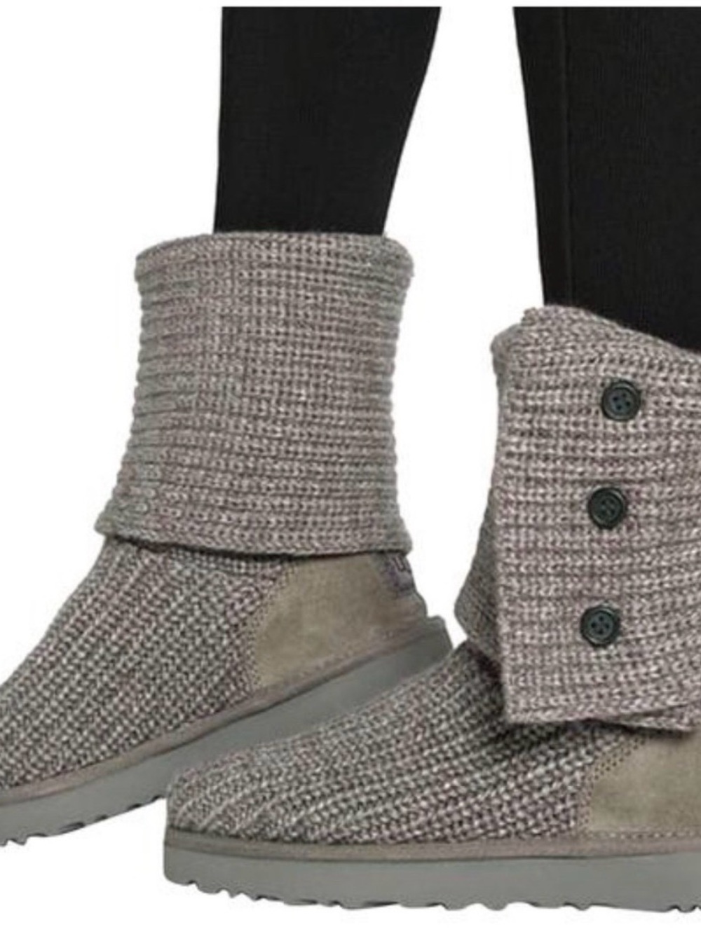 UGG Women's Classic Cardy Sock Boots Gray Knit Fold Over Button Bootie Size 9